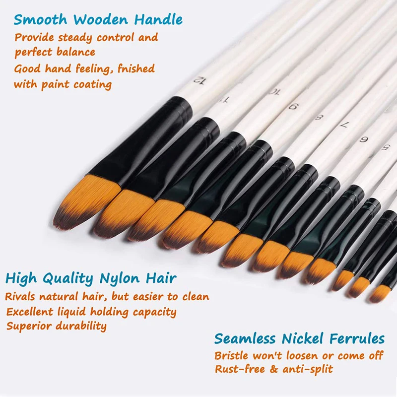 12pcs Synthetic Nylon Tip Filbert Paint Brushes Set Artist Brush for Acrylic Oil Watercolor Gouache Artist Professional Painting