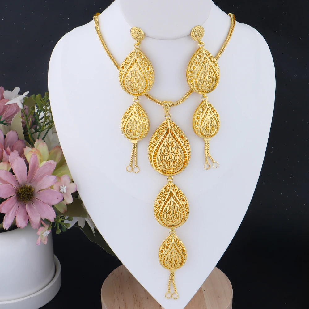 

Luxury Elegant Jewelry Set Gift for Women Dubai 18K Gold Plated Tassel Necklace Earrings Set for Party Wedding Banquet