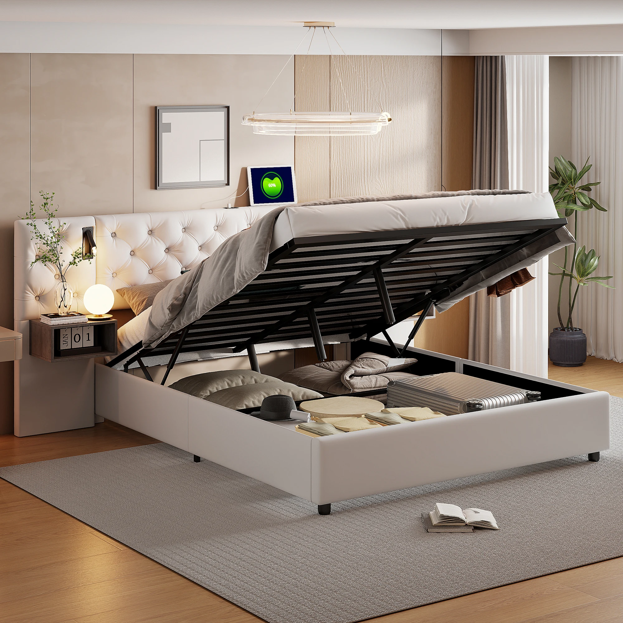 Letto matrimoniale 160x200 con 2 comodini, letto sicuro con lettura e presa USB, tipo C, letto per 2 persone con contenitore, velluto