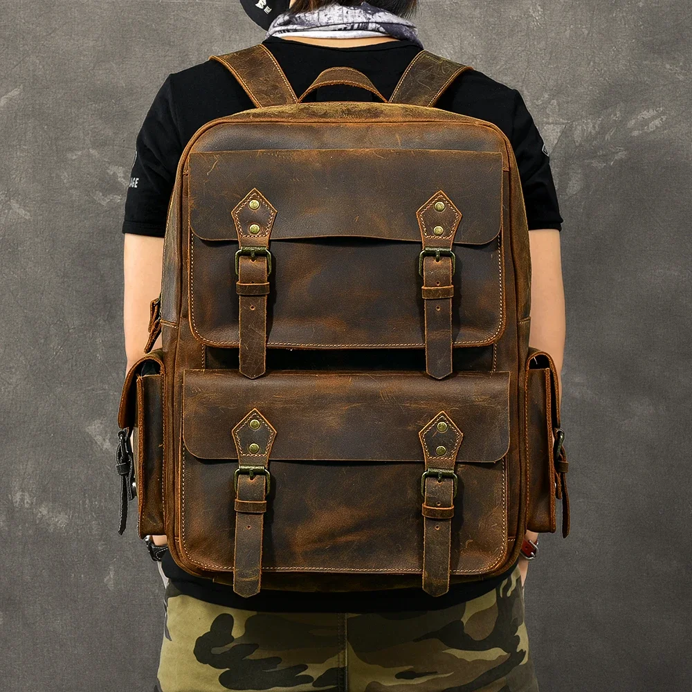 Vintage Crazy Horse plecak z prawdziwej skóry mężczyźni Bagpack plecak turystyczny ze skóry wołowej 17 "torba na laptopa męski plecak podróżny duży M815 — zdjęcie 2