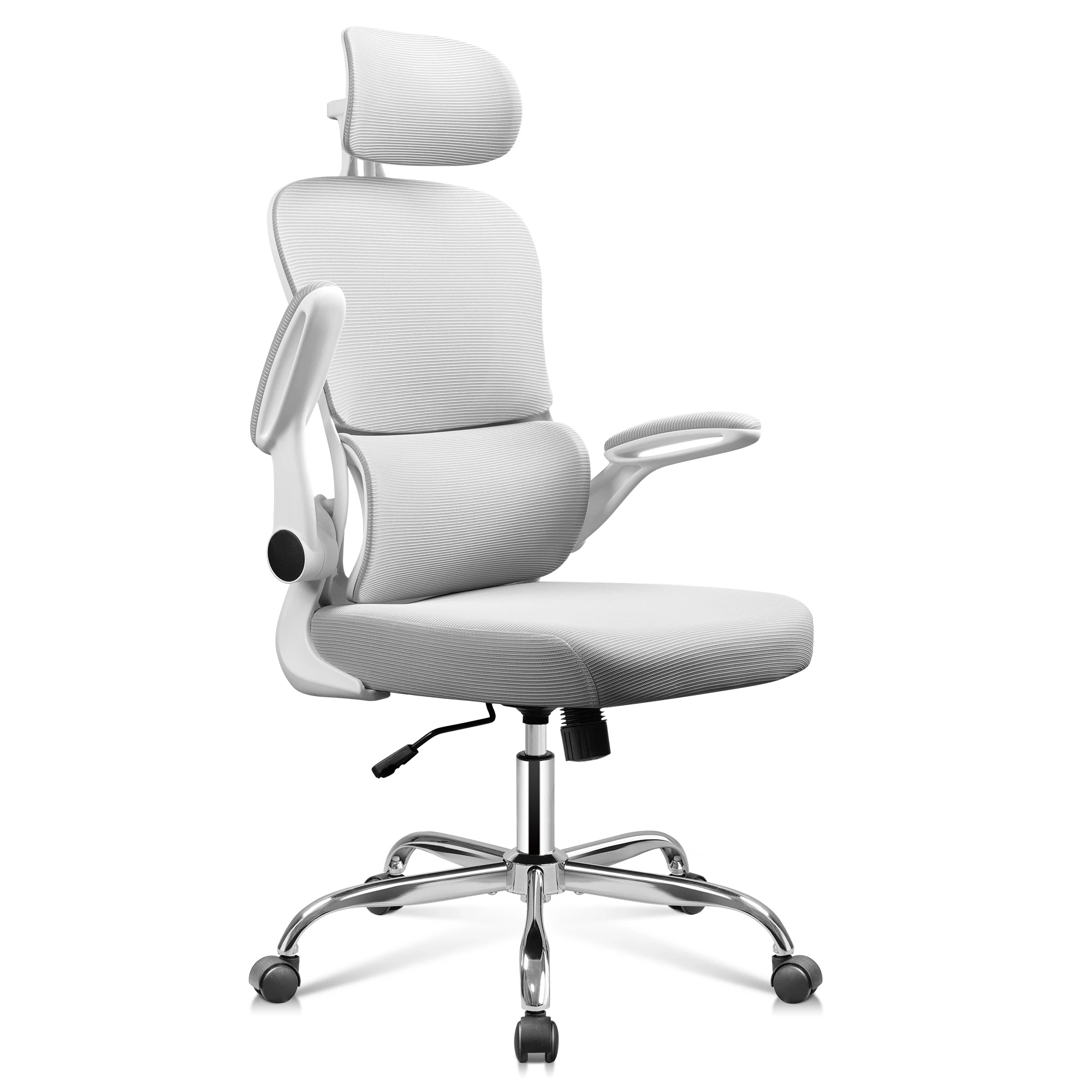 Ergonomischer weißer Bürostuhl der Mittelklasse mit atmungsaktiver Netzrückenlehne und verstellbaren, hochklappbaren Armlehnen; geeignet für Homeoffice, Arbeitszimmer und die Computernutzung.