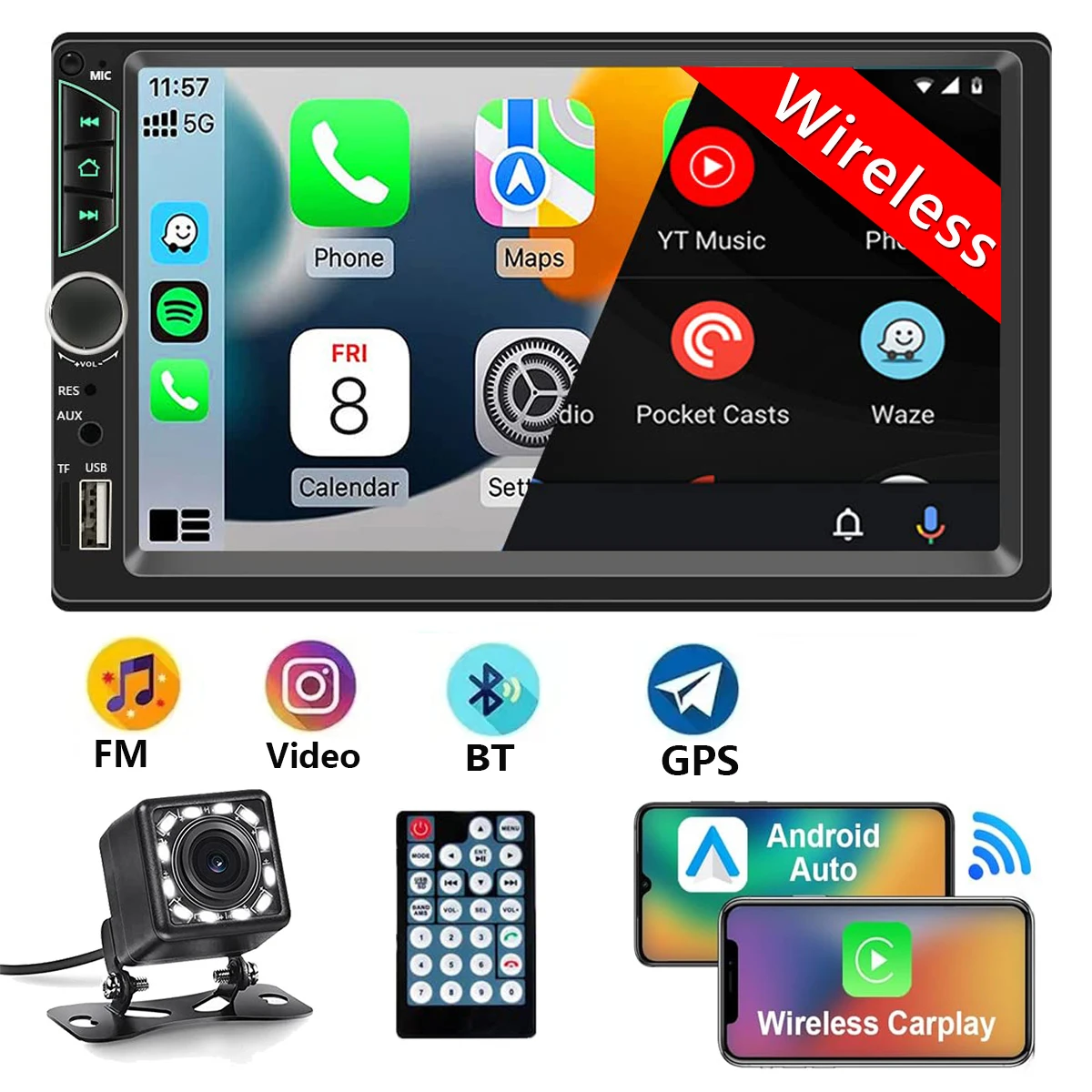 

Leadfan 7 Inch Wireless Car Radio 2 Din Touchscreen Car Video Player CarPlay Android Auto with Rear Camera Bluetooth USB/AUX/TF