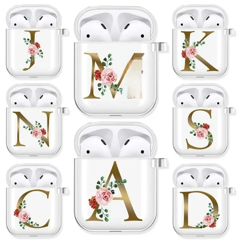 Étui AirPods 4 3ème 2 Pro3, étui Transparent avec lettres de l'alphabet en or Rose, housse transparente pour Airpod 1 3, Fundas de protection