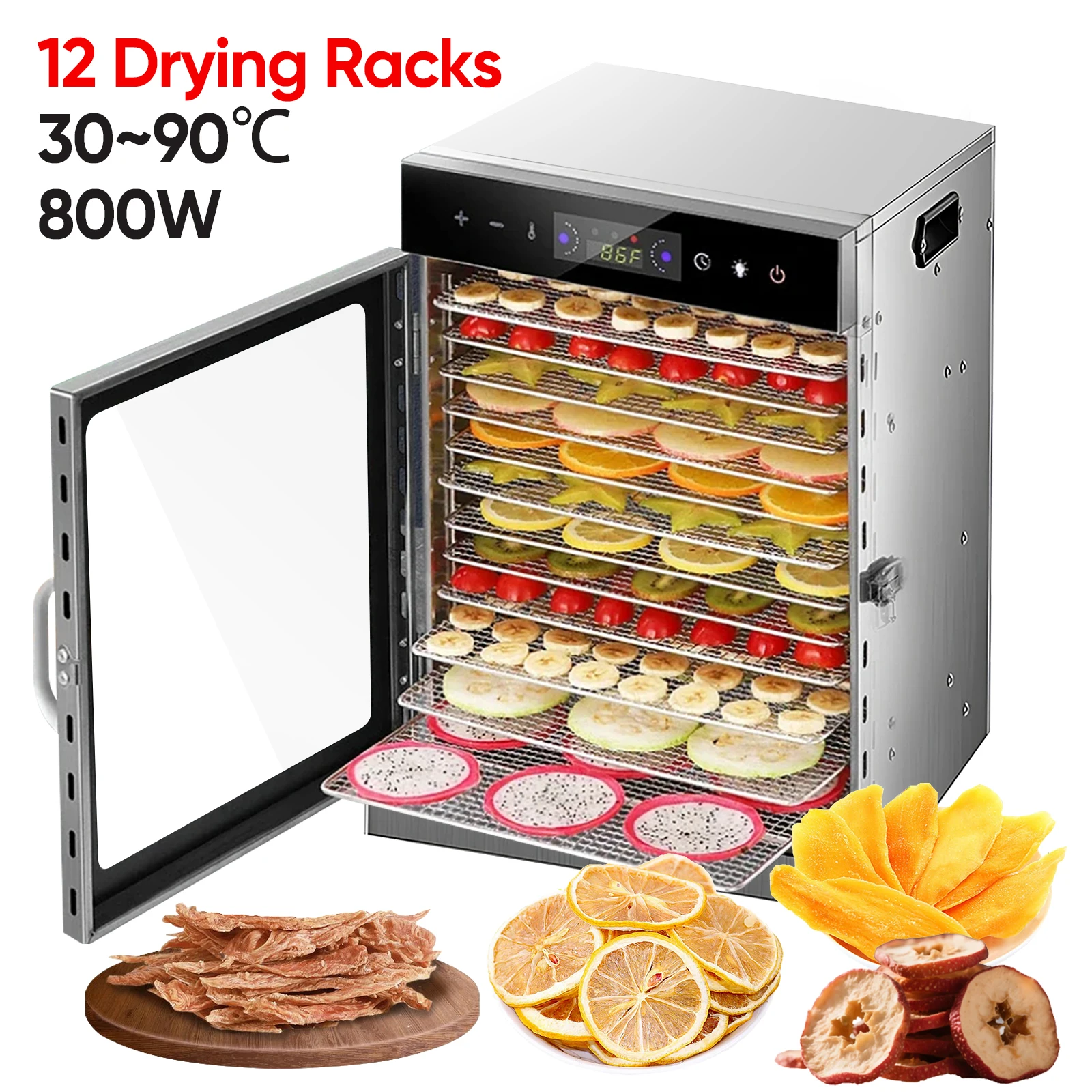 Deshidratador de Frutas de 8/12 Capas 30-90 ℃   Deshidratador de Alimentos y Vegetales con Temperatura Ajustable y Temporizador de 24H