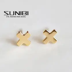 SUNIBI Minimalist Stainless Steel Stud Earrings for Women Small Cross Fashion Trendsetter Lady Earrings Office Girls Jewelry