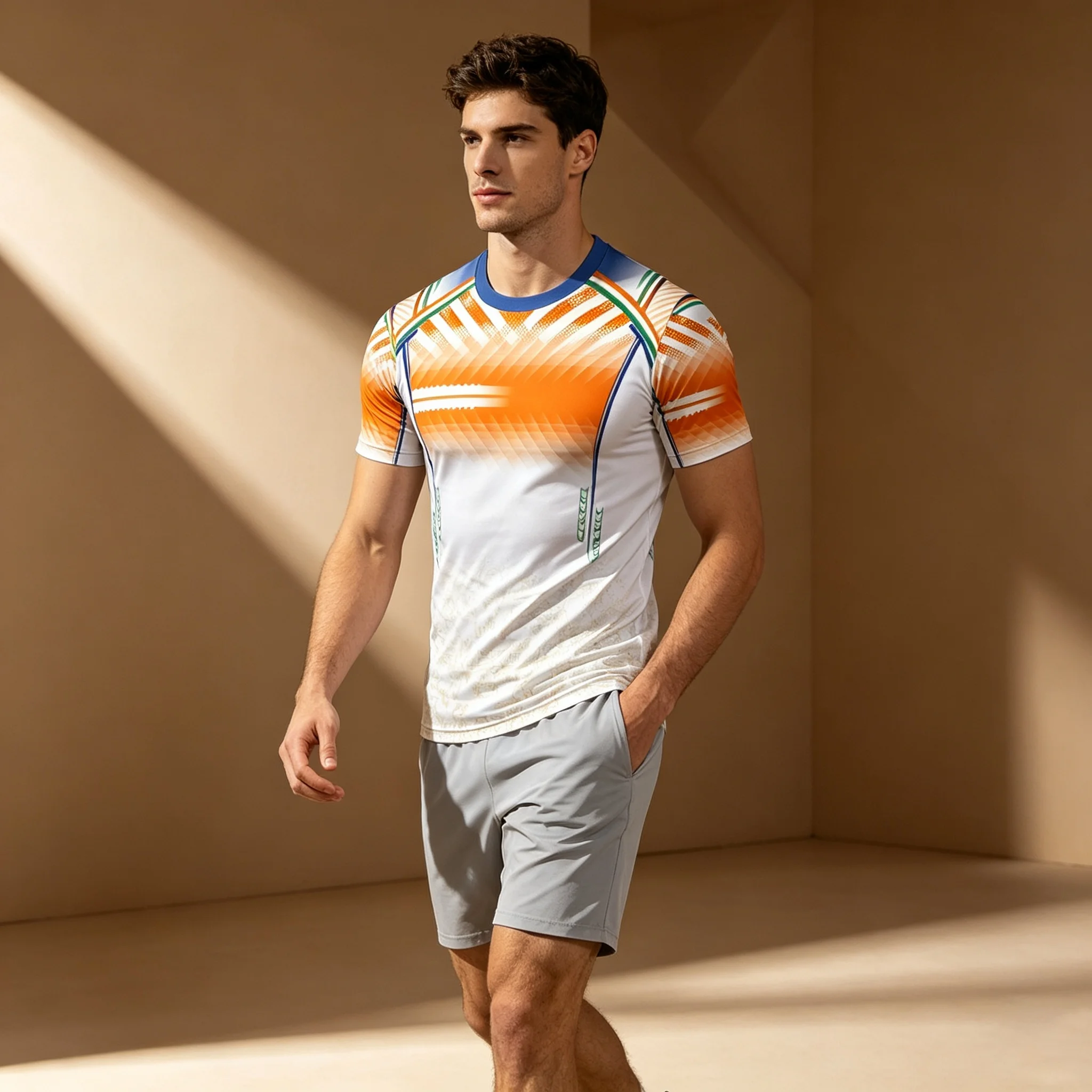 Orange White Green India Themed Graphic Tee Men Breathable Running Fitness Short Sleeve Top