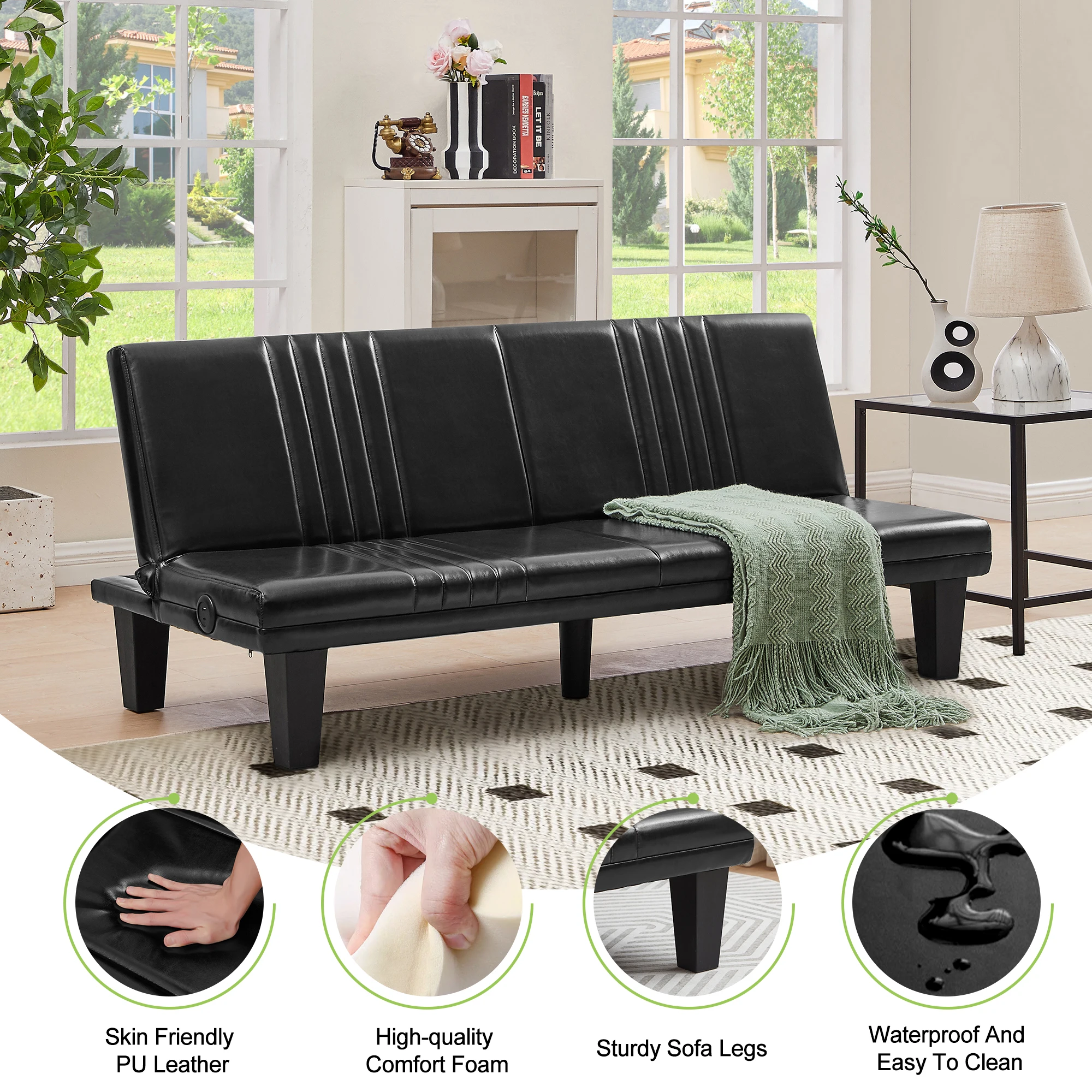 VECELO Convertible Folding Sofa Bed Faux Leather Living Room Futon Sofa Bed with USB Charging Station Sofa Bed Sofa Bed