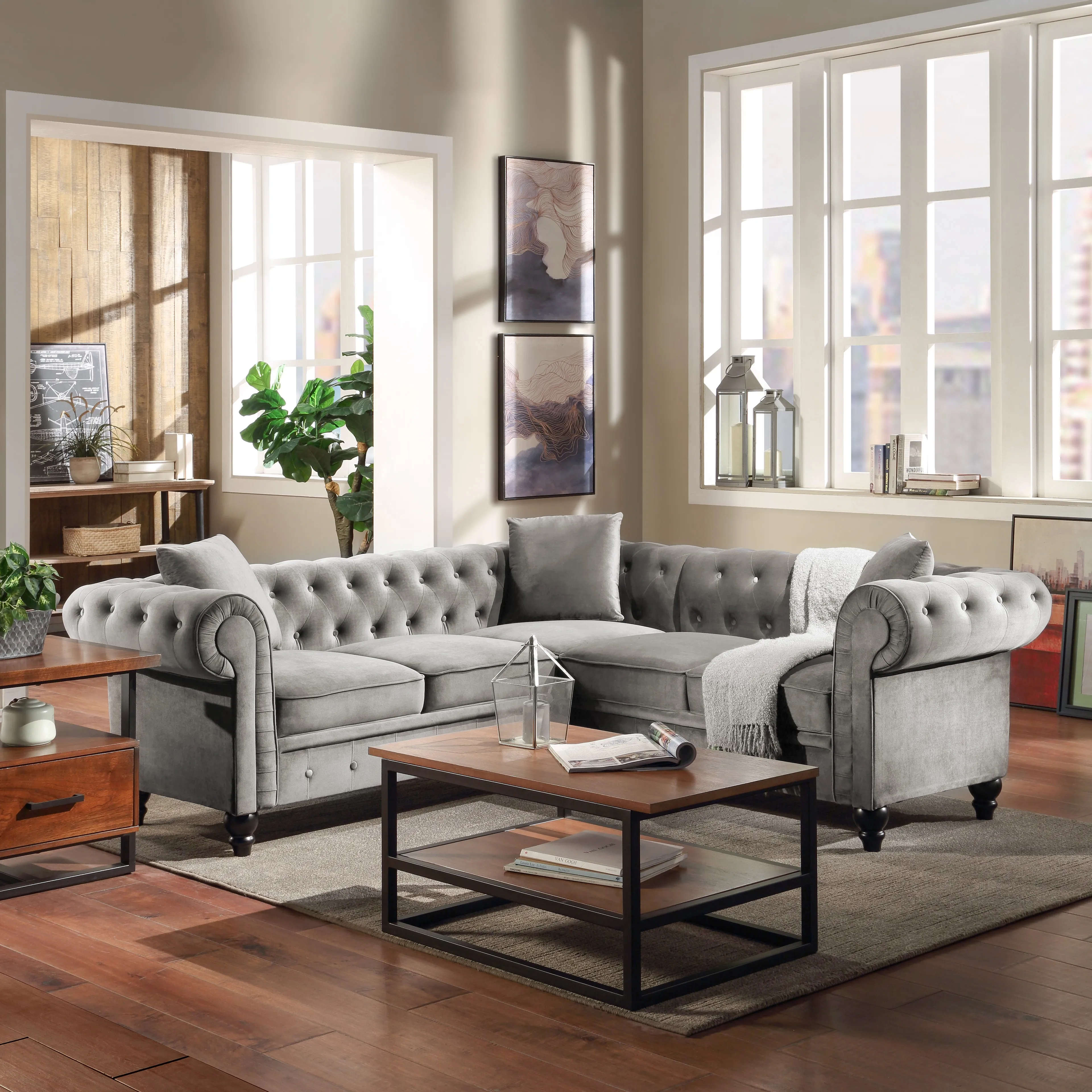 80x80x28“ Sofa Deep Button Tufted Velvet Upholstered Rolled Arm Classic Chesterfield L Shaped Sectional Sofa 3 Pillows Included