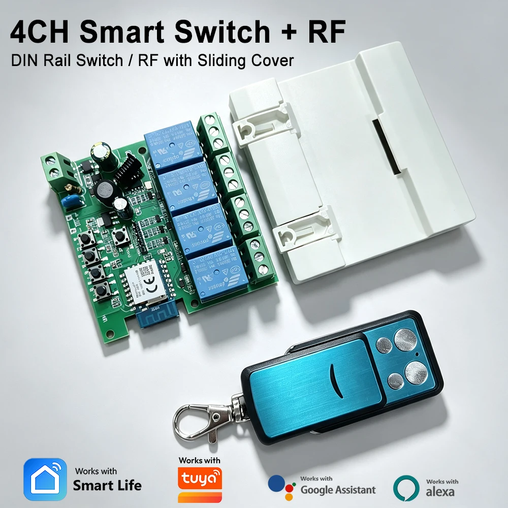 4 Channel DIN Rail Wifi Relay Board Smart Wireless RF Switch Module ,Slide Cover RF433, 4 Way Receiver Works with Tuya Alexa