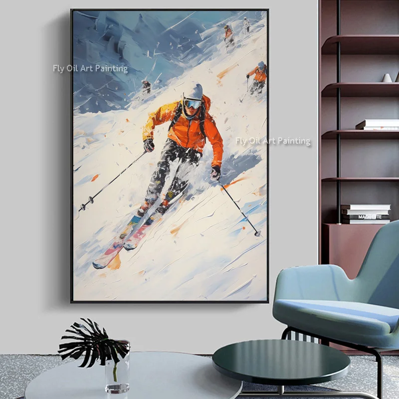 

Ski Sport Oil Painting Custom On Canvas Handmade Heavy Textured Snow Landscape Skiers Wall Art For Home Decor Unframed As Gift