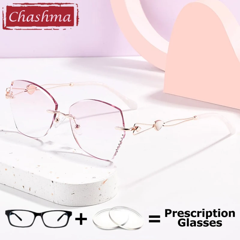 

Chashma Elegant Women Rimless Prescription Ready Eyeglasses Titanium Diamond Trimmed Glasses Frame Big Lens Style Spectacles