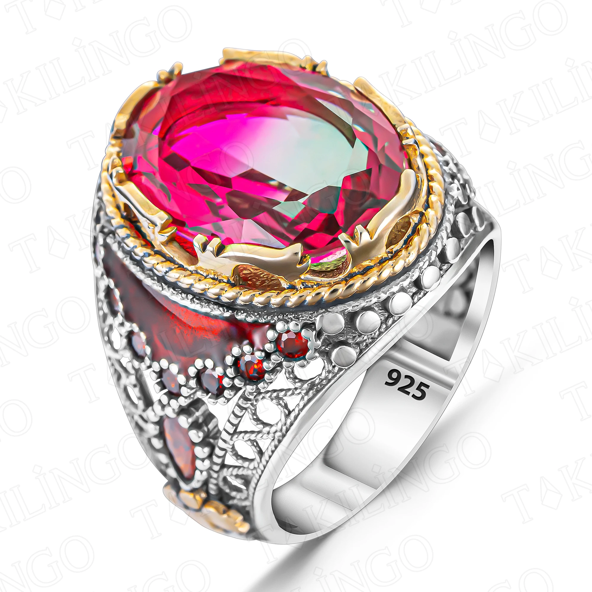 

Multi Color Watermelon Tourmaline Gemstone Ring 925 Sterling Silver Cubic Zircon Handmade Men's Ring