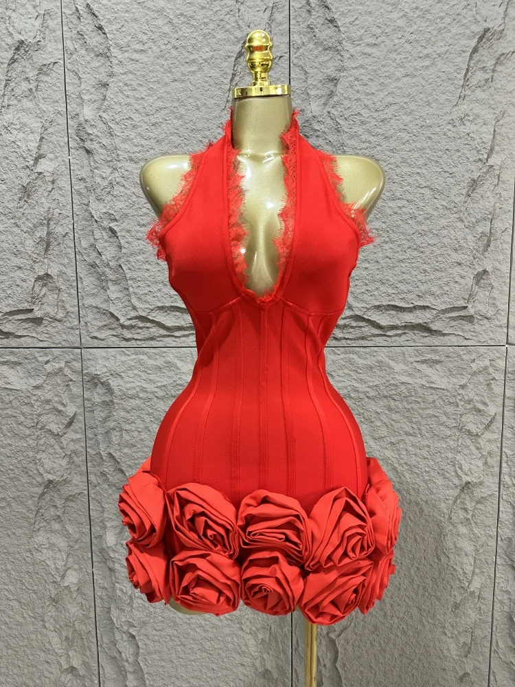

2015 Summer New Red Sexy Hanging Neck Deep V-neck Heavy duty Flower Mini Bandage Dress Sexy Fashion Party Dressn