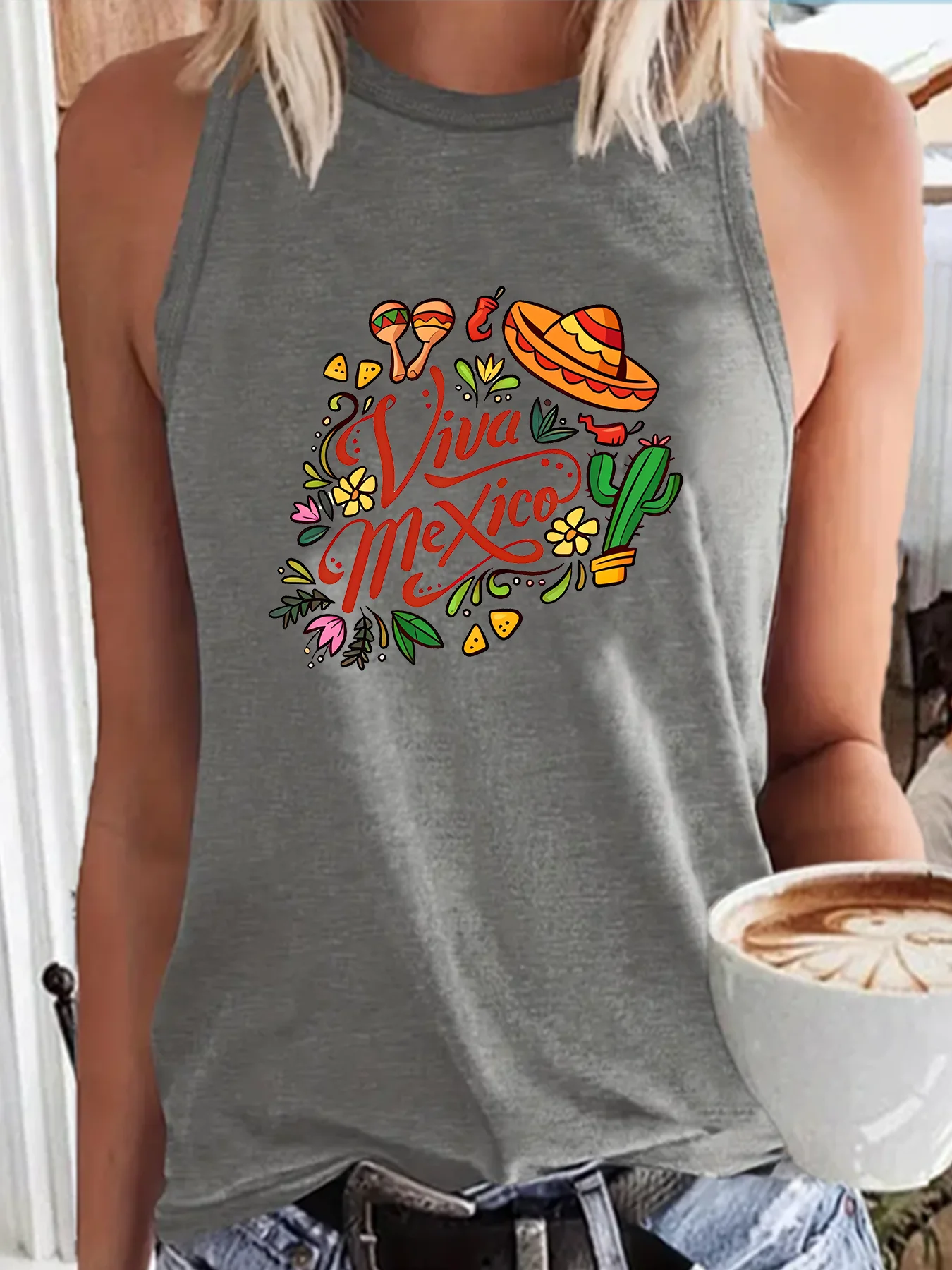 Viva Mexica Cowboy Hat Food Summer Fashion Funny Sports Women's Tank Top Loose O Neck Sleeveless Casual Tank Top