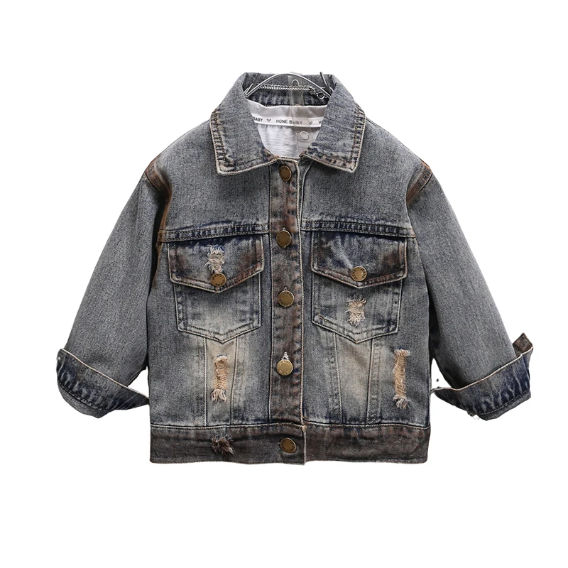 

Children's Denim Jacket Retro Style, Classic Button Front, Torn Elements and Faded Water Wash, Suitable for Creating Cool Looks
