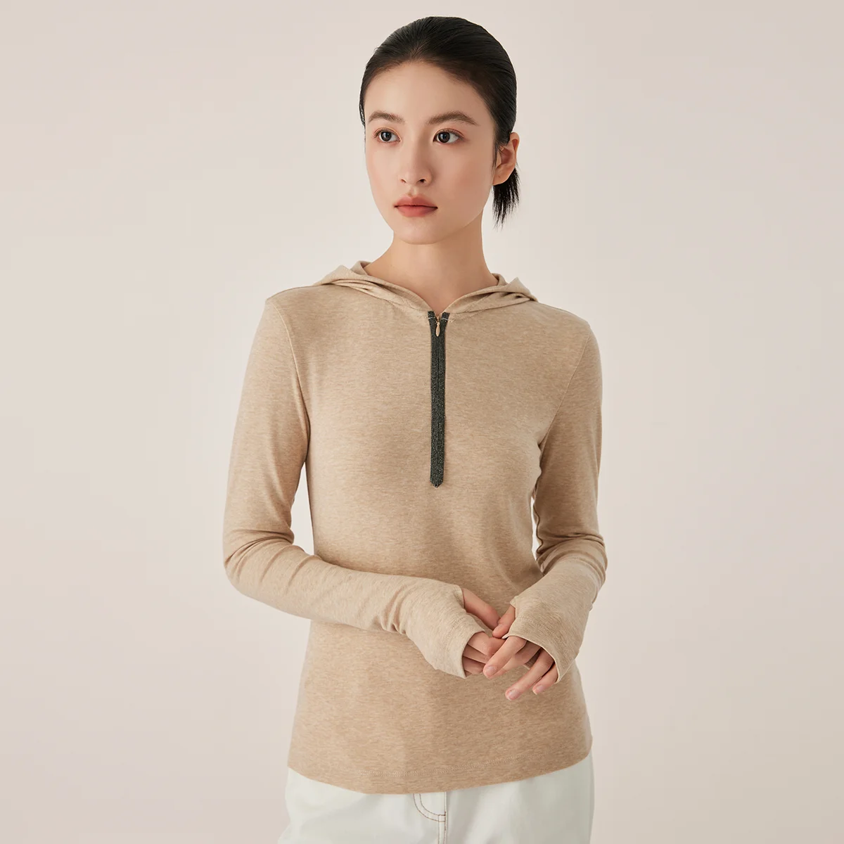 

KX9523407 Elegant Women's Knit Hoodie Wool Blend Long Sleeve Casual Pullover with Spandex