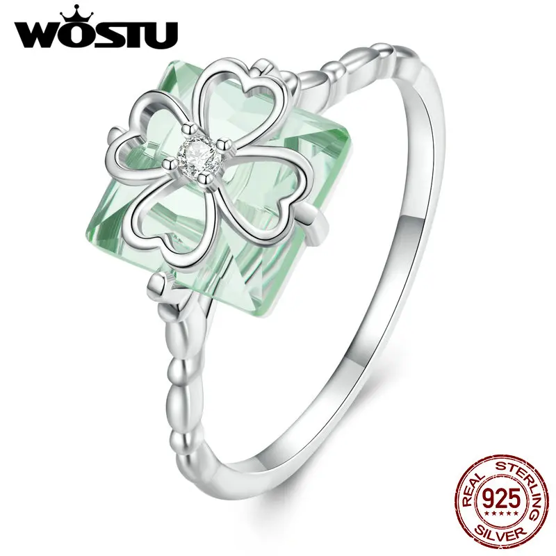 WOSTU Real 925 Sterling Silver Four -leaf Clover Ring For Women Girl Green Crystal Ring Spring Jewelry  Gift