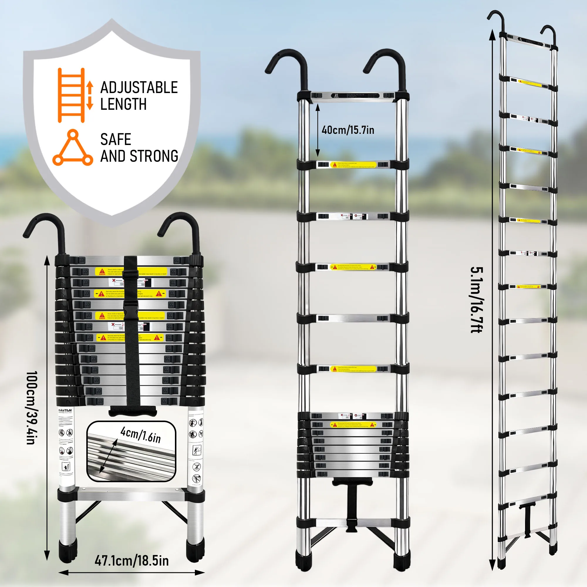 Rutschfeste Mehrzweck-Teleskopleiter aus Edelstahl 2,6M-6,3M, EN131-Standard, 150 kg Tragfähigkeit, tragbar mit Ein-Knopf-Einziehfunktion, abnehmbare Haken & Stabilisierungsstange, geeignet für Innen-
