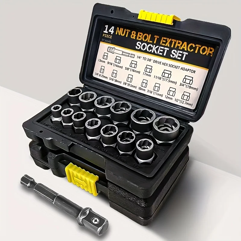 مجموعة مستخرج البراغي، مقابس تويست مزيل الجوز المقطوعة، تناسب محرك مربع 3/8 بوصة مع حقيبة تخزين صلبة (14 قطعة، أسود)
