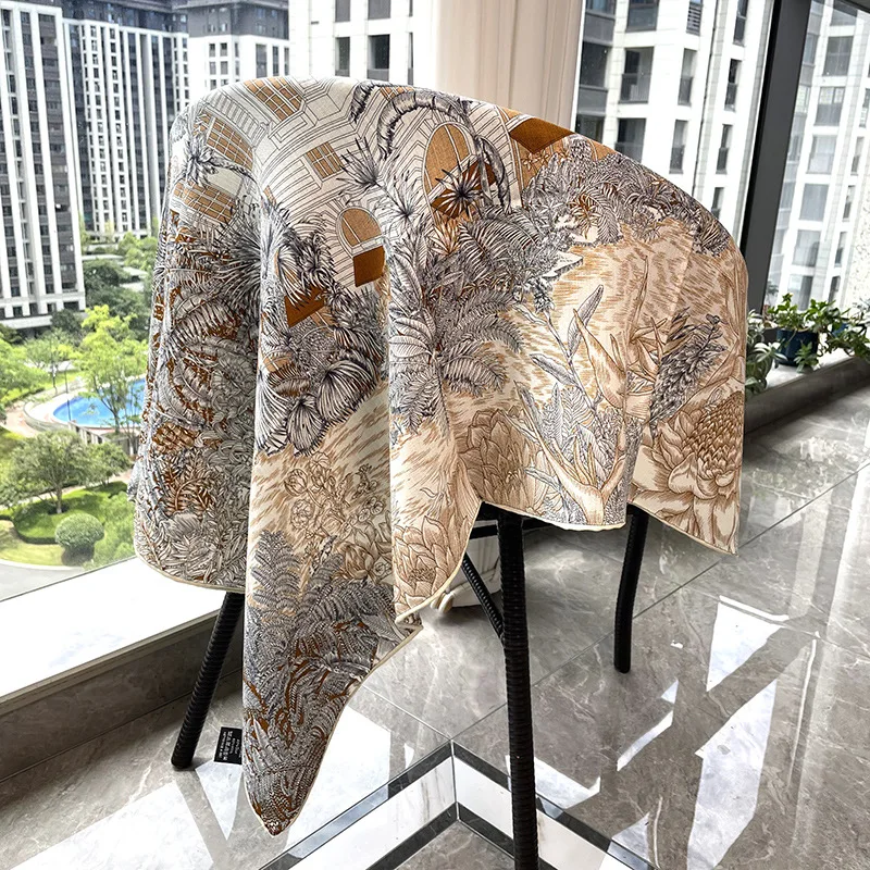 Double Faced Print Scarf Women Silk Wool Scarves Shawls Mother Christmas Gift Hand Rolled Edges Bandanas AB Sided Print