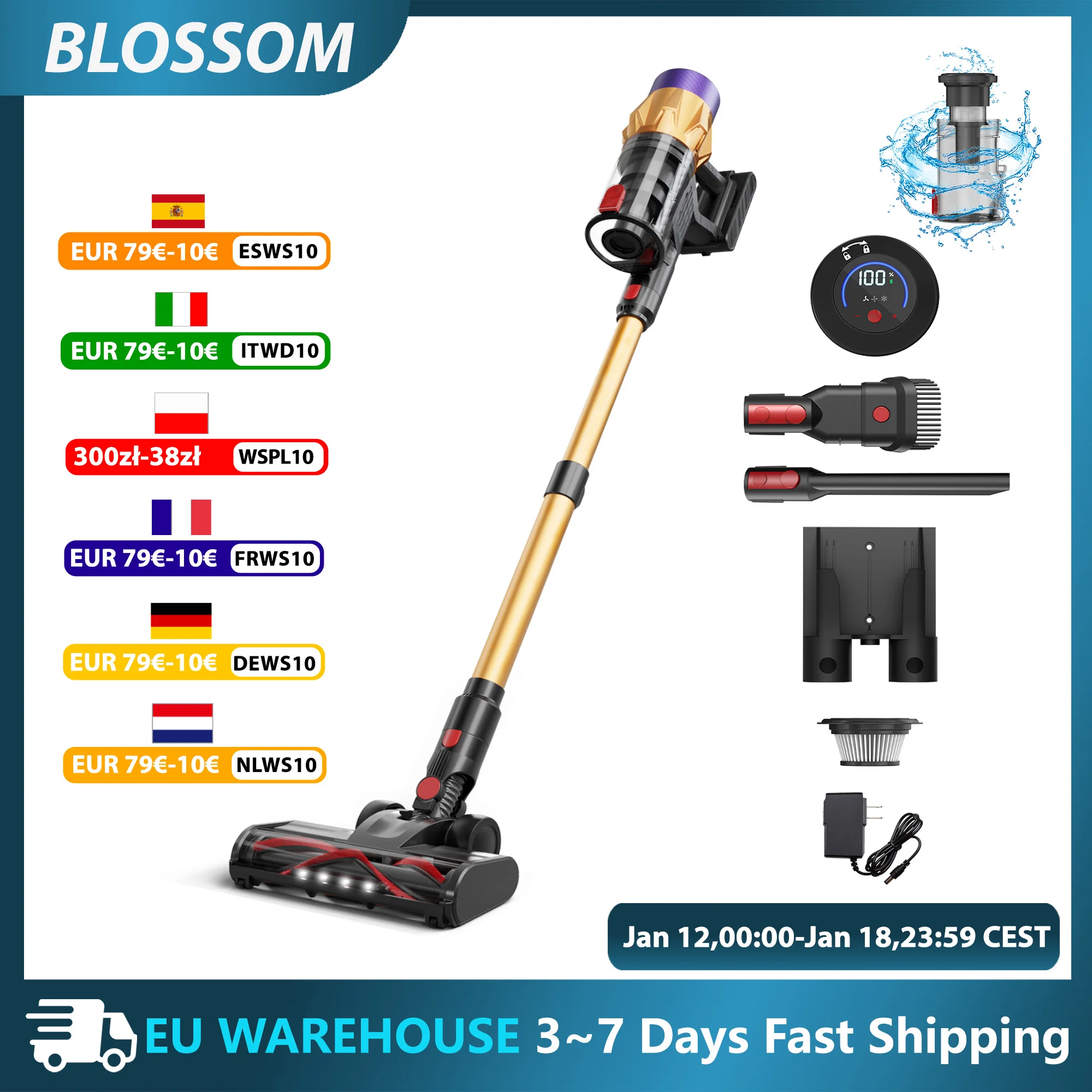 Aspirateur sans fil Blossom V18, aspirateur balai sans fil 550W 45KPA 55 minutes avec écran tactile, 6 lb très léger