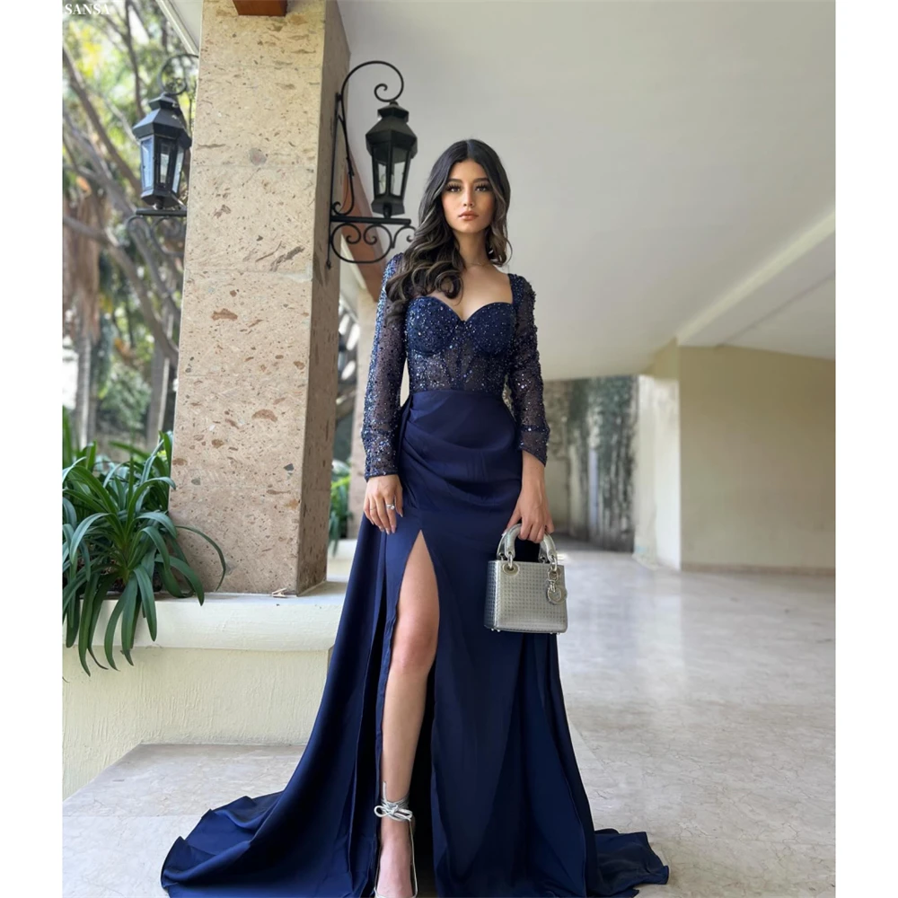 

Sansa индивидуальное темно-синее платье русалки с вырезом в форме сердца и длинными рукавами, Vestidos De Noche, длиной до пола, торжественное вечернее платье