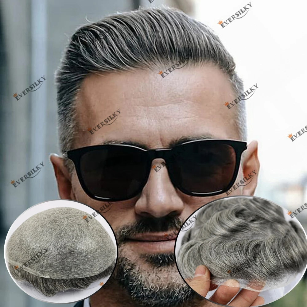 

1B40 1B65 Gray Human Hair 90%~100% Density Natural Hair Replacement Hairpieces Super Thin Skin 0.02mm Soft Vloop Skin Men Toupee