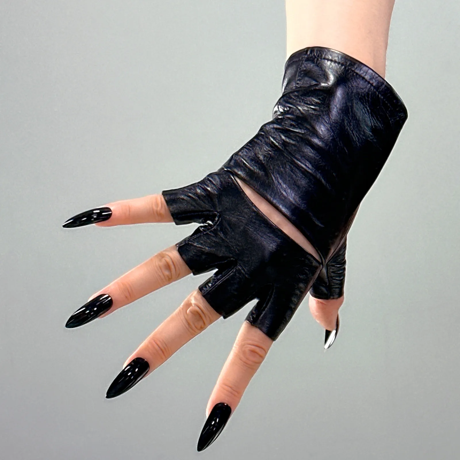 Black Fingerless Short Gloves REAL LEATHER Hollow Back Genuine Sheepskin Half Finger Motor Driving Glove Cosplay Cycling