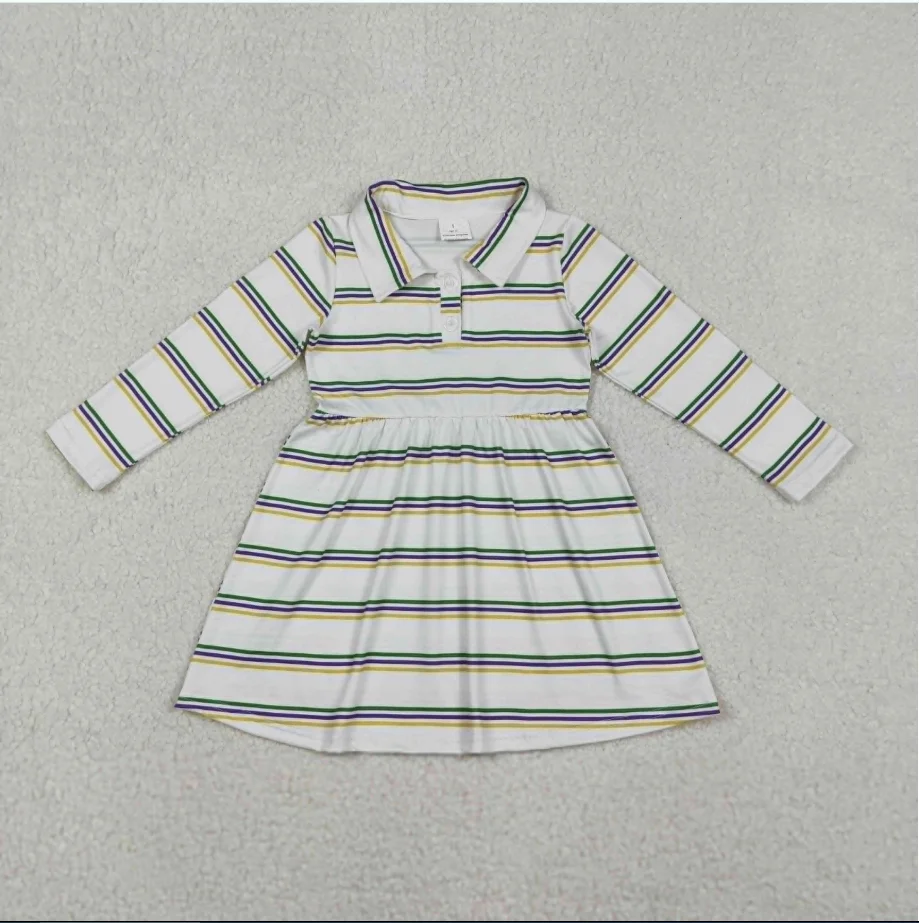

Spring Girls GLD1331 Purple Stripes White Print Girls Mardi Gras Long Sleeve Knee Length Dress