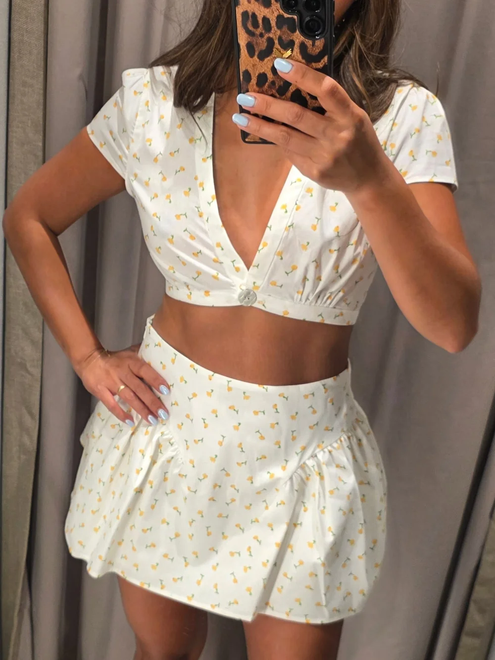 Fresh Flower Print 2 Piece Sets Women Summer Casual Short Sleeve Crop Tops and High Waist A Line Skirts Set Holiday Outfits