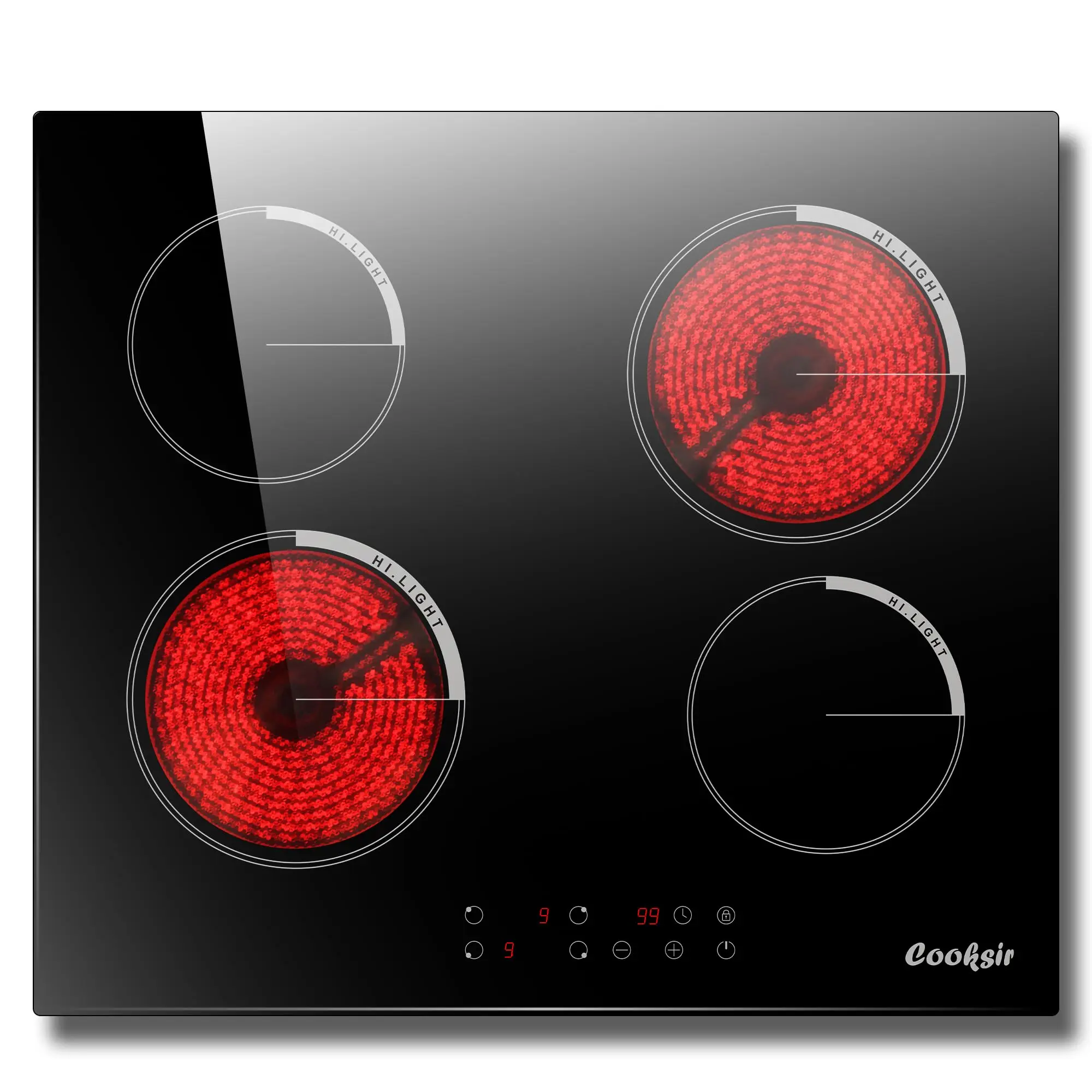 Cooksir 4 Burner 24 Inch Electric Cooktop，Timer, Kids Safety Lock, 9 Heating Level, 220V Hard Wired(No Plug)，Drop-in 220V-240V