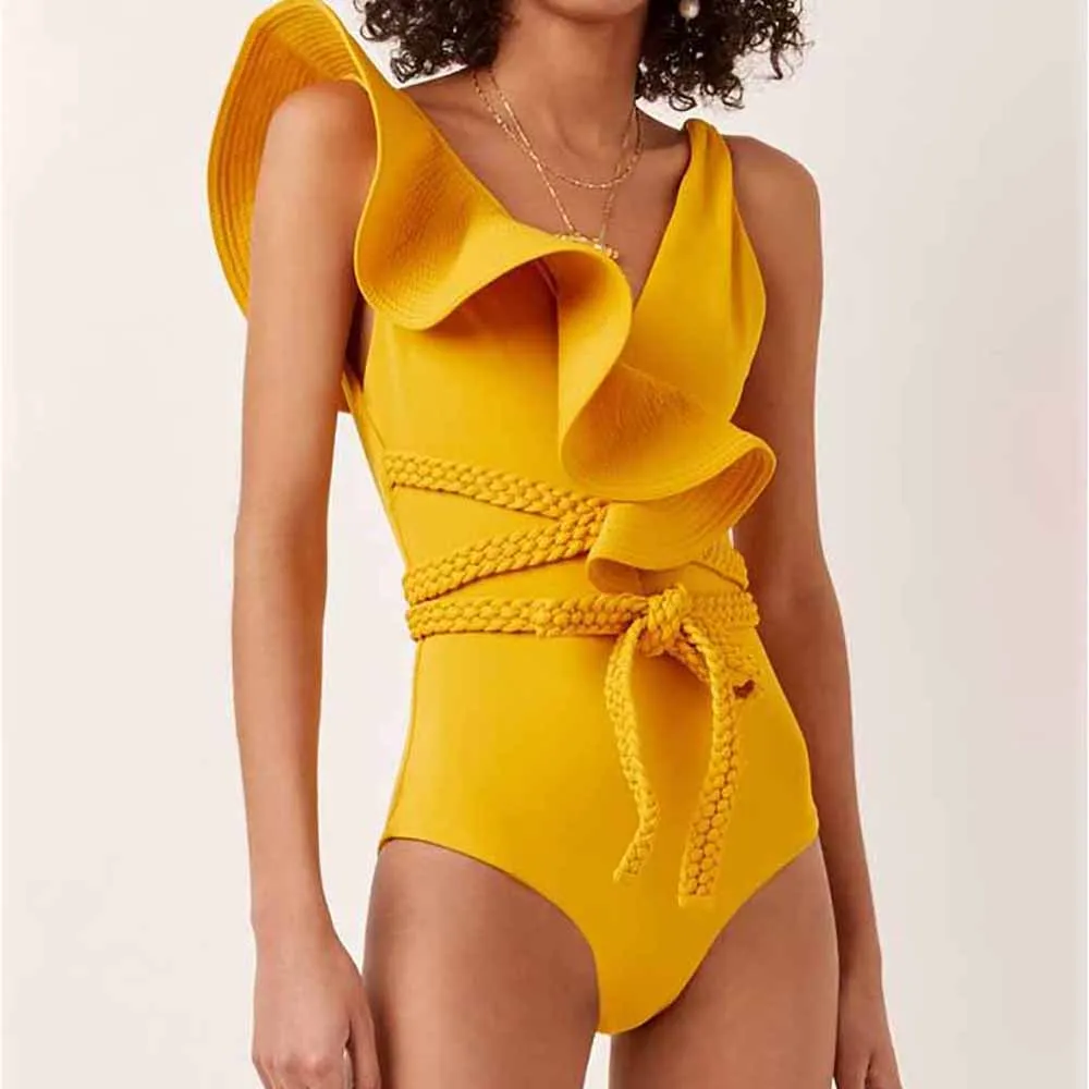 Fashion Ruffle Bikini One-piece Swimsuit Deep-v Beachwear Triangle Biquini Women Bathing Suit Summer Swimming Swimwear Backless