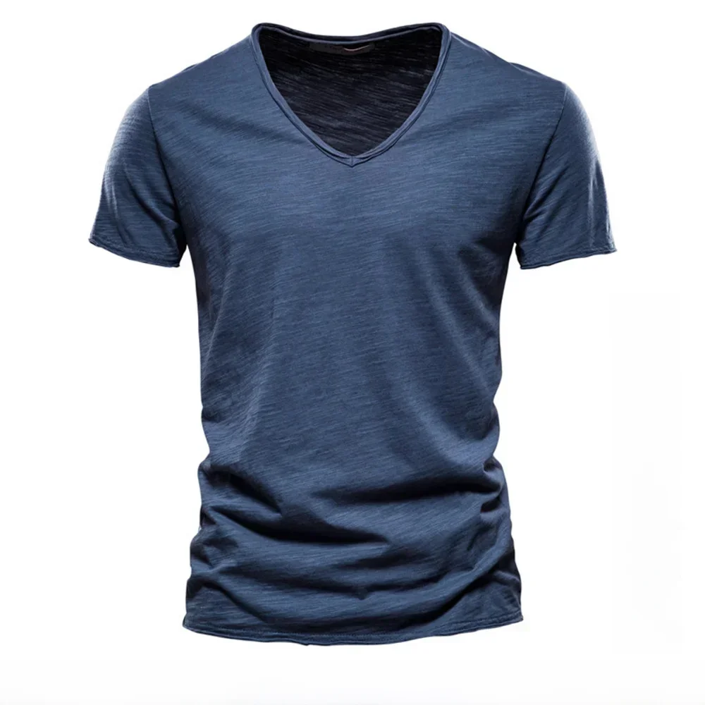 Merkkwaliteit 100% Katoen Heren T-shirt V-hals Fashion Design Slim Fit Soild Mannelijke Tops Tees Korte Mouw - afbeelding 2