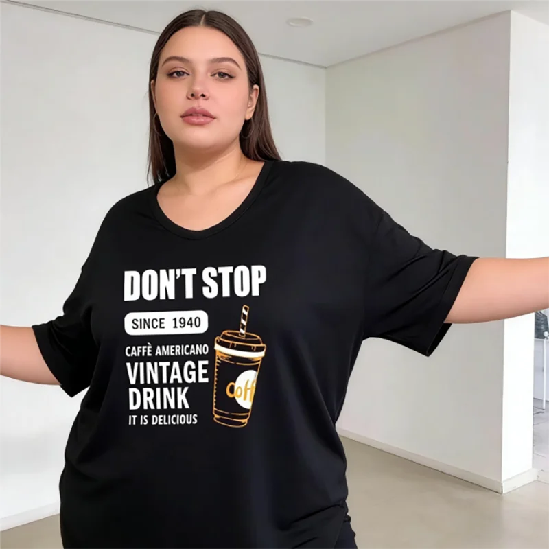 Plus size 40-150kg trendy coffee print oversized t shirt women casual loose u neck short sleeve graphic cotton summer top