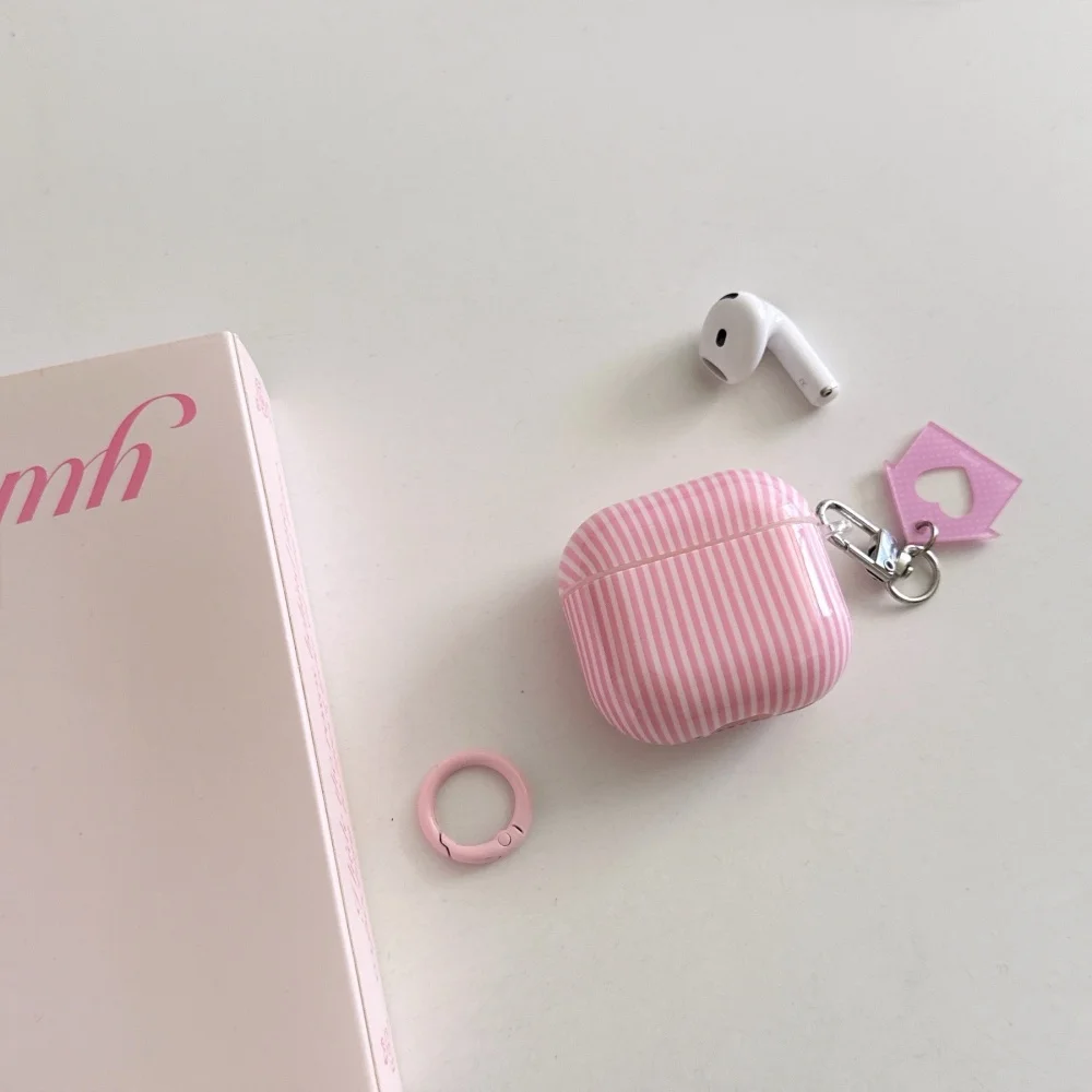 

Cute pink striped protective case for AirPods Pro 2/AirPods 4/3/2, with hanging charm Stylish and cute shockproof headphone box