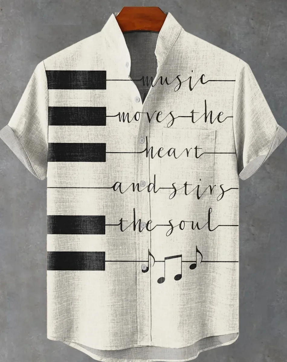 뉴 하와이 남성 여름 캐주얼 리넨 빈티지 셔츠 음악 프린트 반소매 버튼 탑 루즈 대형 반소매 셔츠 Fas