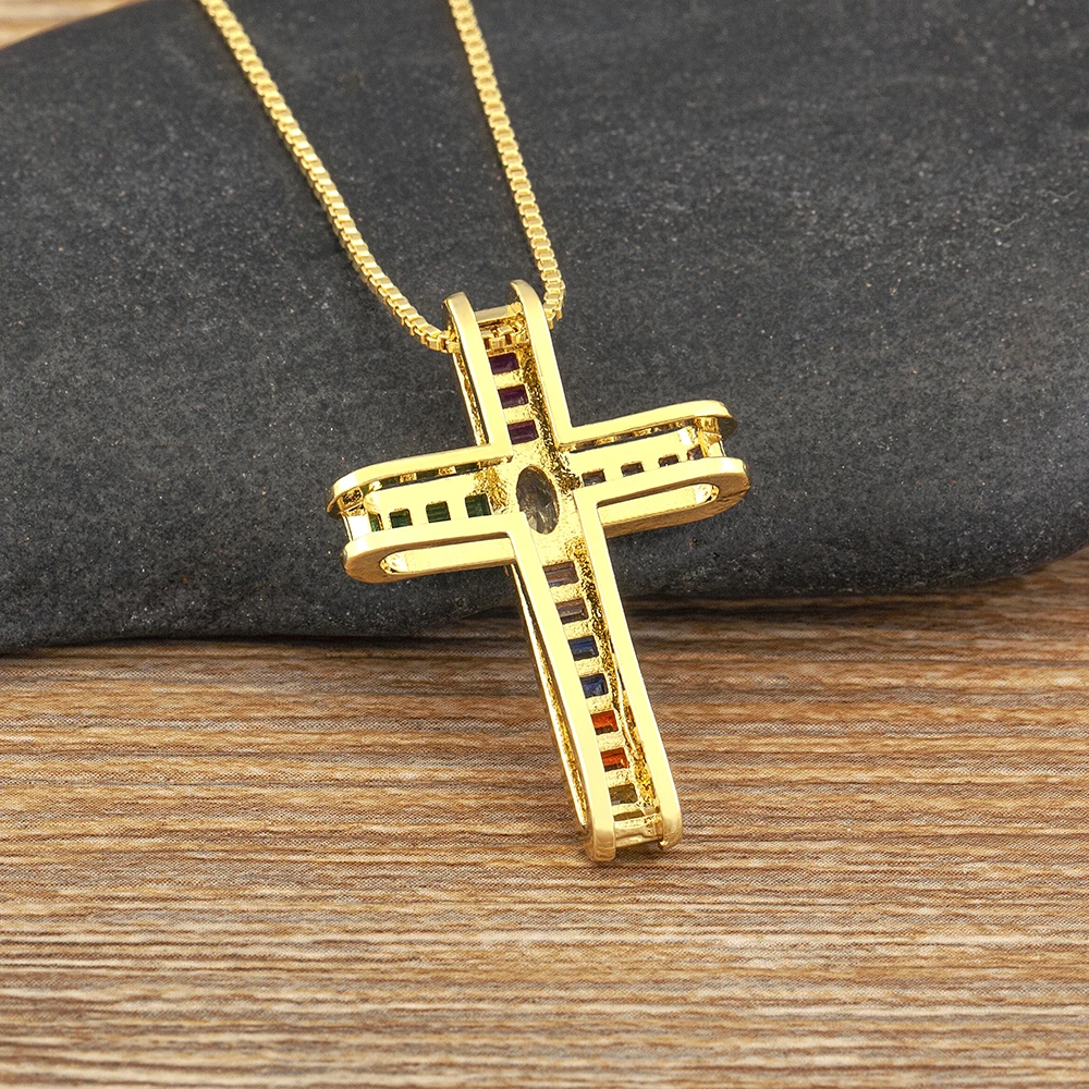Nidin New Trendy Religious Style Inlaid Colorful Zircon Cross Pendant Necklace For Women Christian Clavicle Chain Accessories