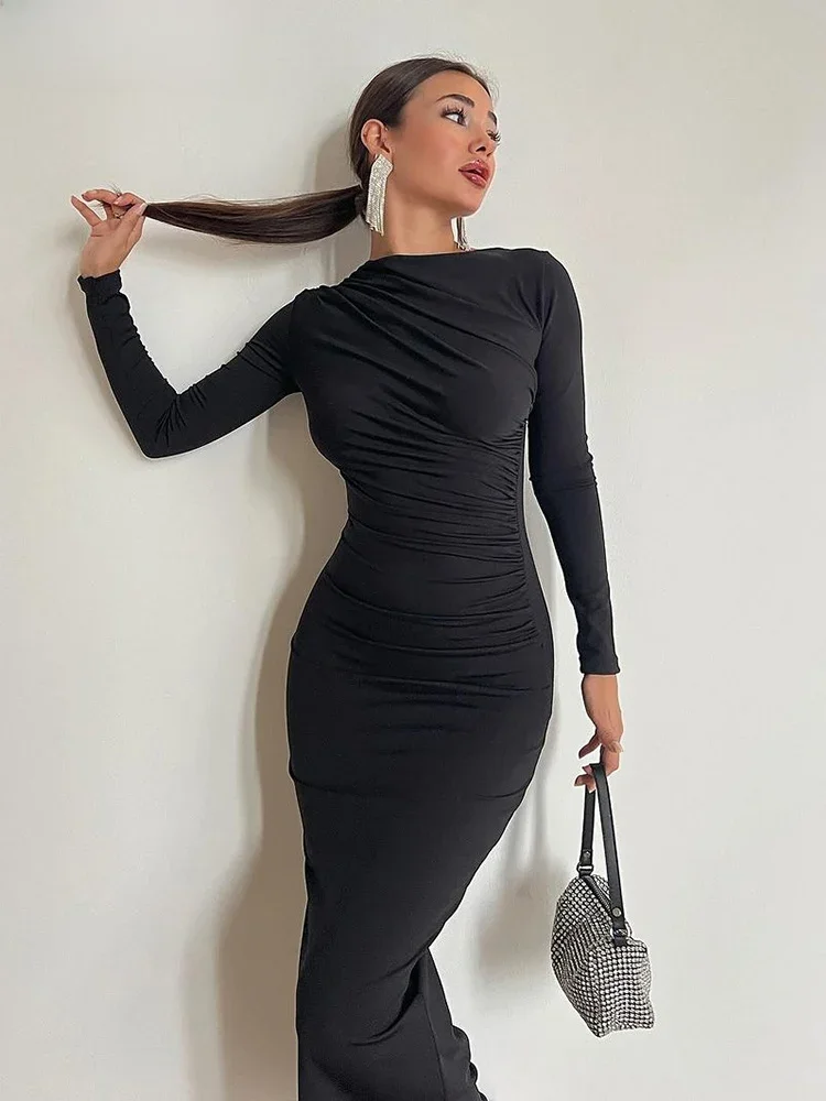 NIBBER damska elegancka, solidna, patchworkowa sukienka Maxi z okrągłym dekoltem, pełna, długa rękawy, modelująca sylwetkę szata Lady strój wieczorowy Vestidos — zdjęcie 2