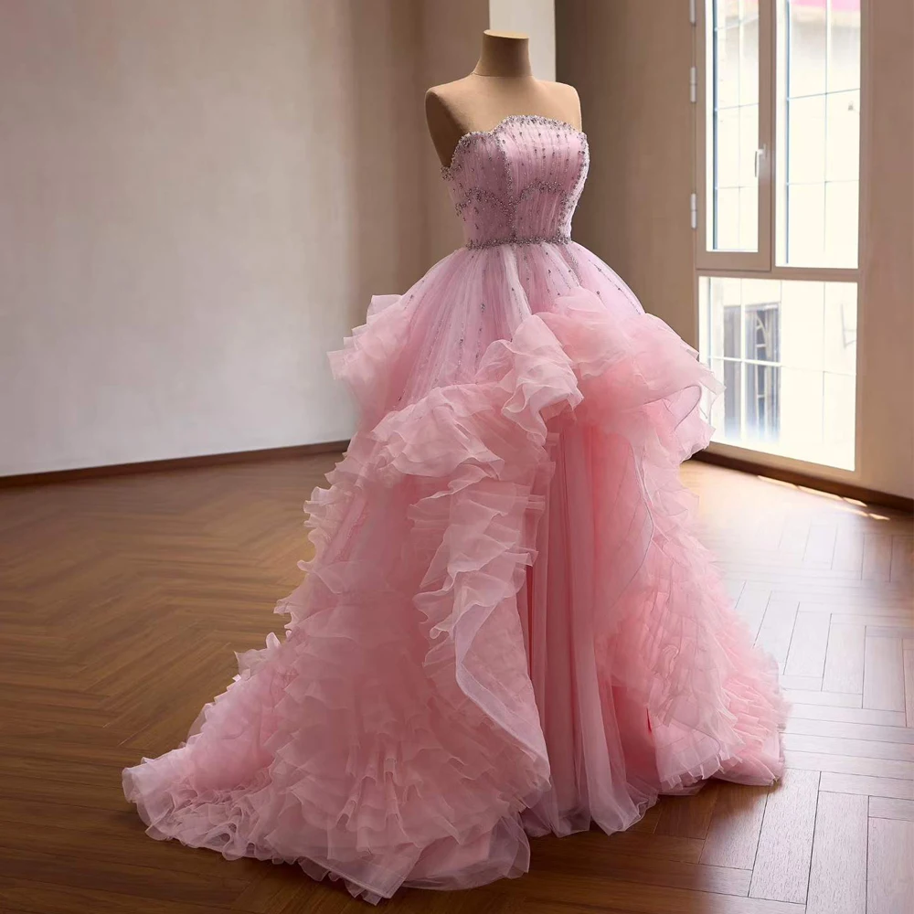 Pink Evening Dress Strapless Sleeveless Crystal Beading Lace Up Back Ruffles Prom Party Dress