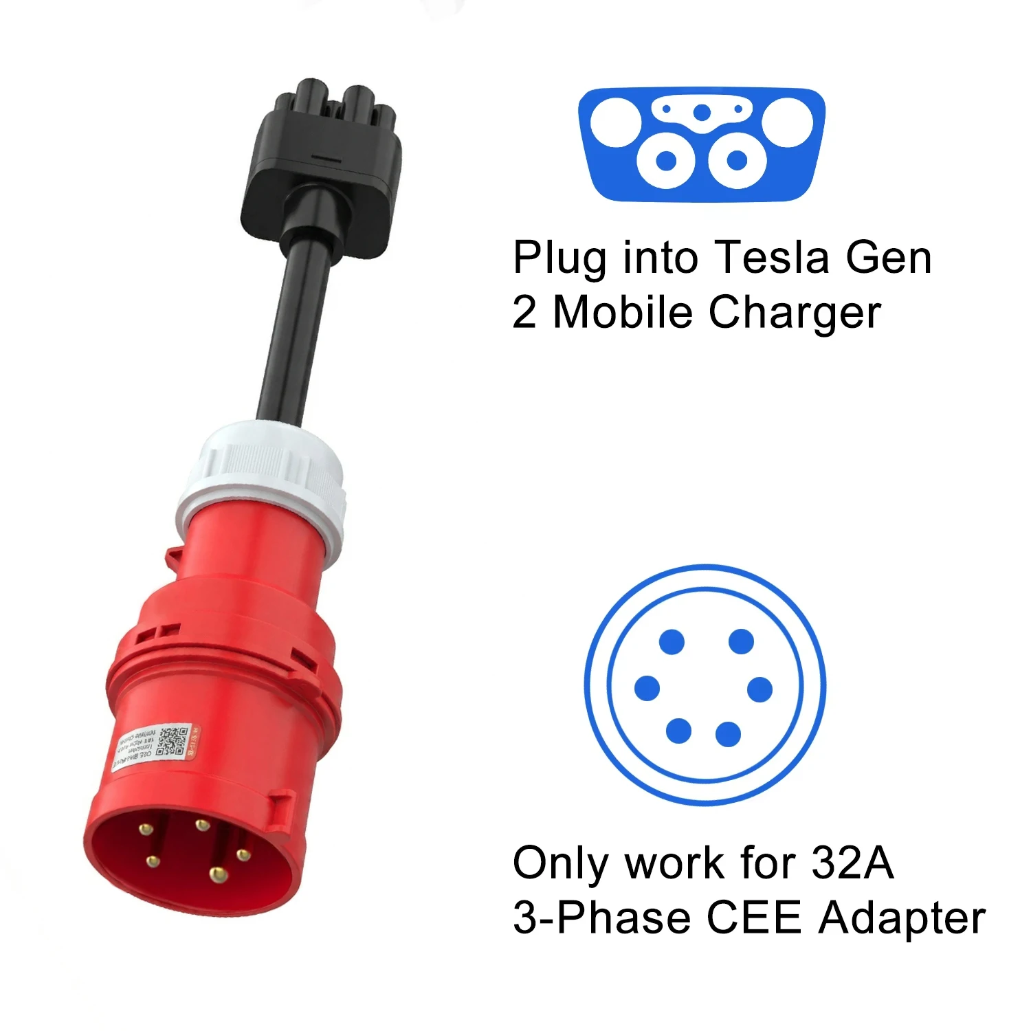 Beret CEE 5PIN Red Adapter for Tesla Car Use for Model S,3,X,Y Gen 2 Ev Charger Universal Mobile Connector 32A Red Adapter