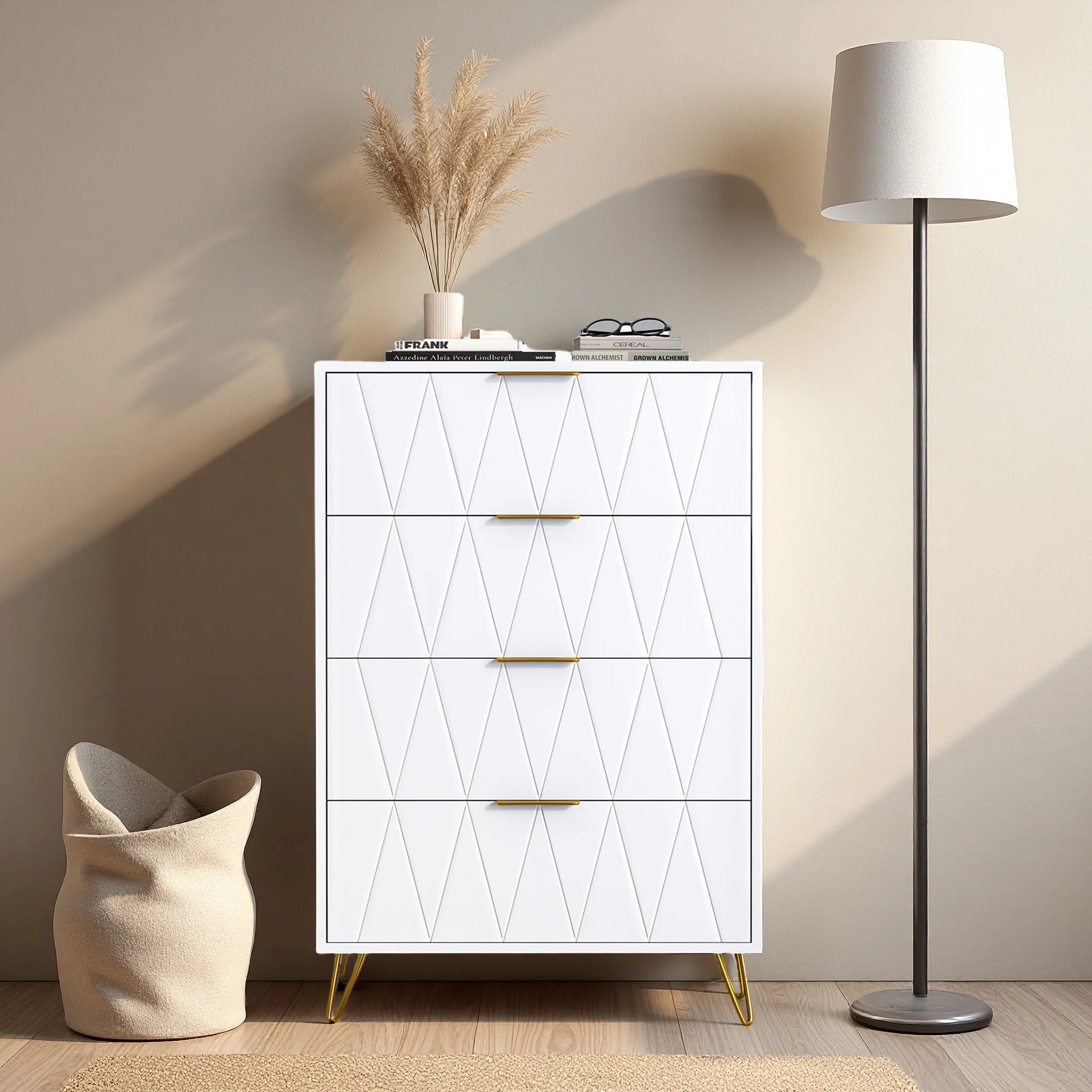 Comò 4 cassetti cassettiera bianca per camera da letto per adulti con maniglie in metallo Mobili Buffet in legno per ingresso