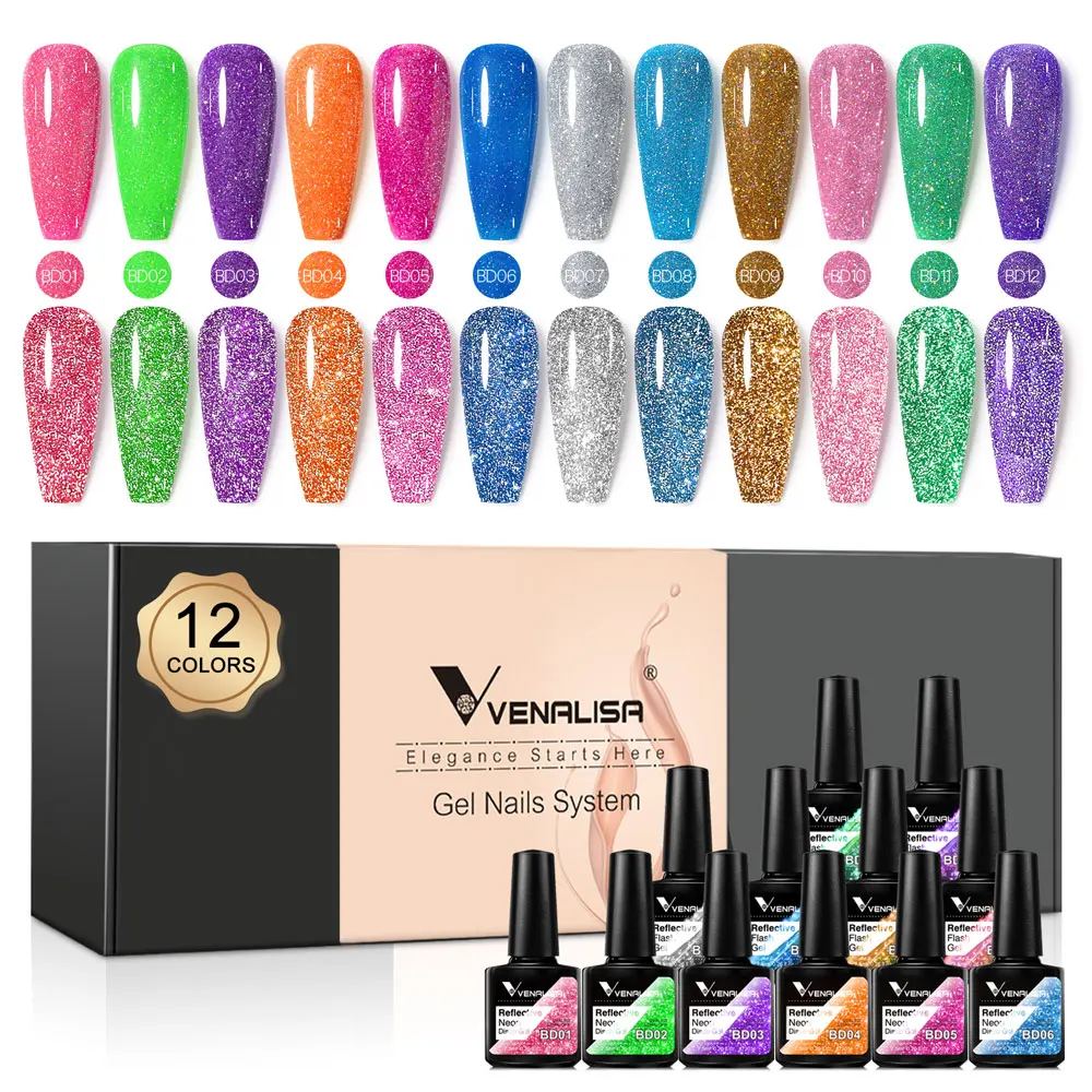 12pcs/kit VENALISA Reflective Glitter Gel Full Coverage Diamond Sparkle Frash Nail Gel Polish Soak off UV LED Nail Gel Varnish