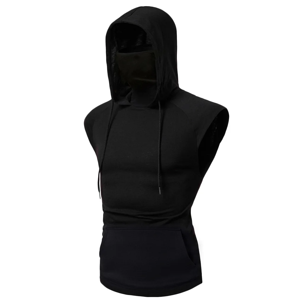 Mens Gym Thin Hoodie Sleeveless Hoodies With Mask Sweatshirt Casual Splice Large Open-Forked Mask Hoodie Sweatshirt Hooded Tops