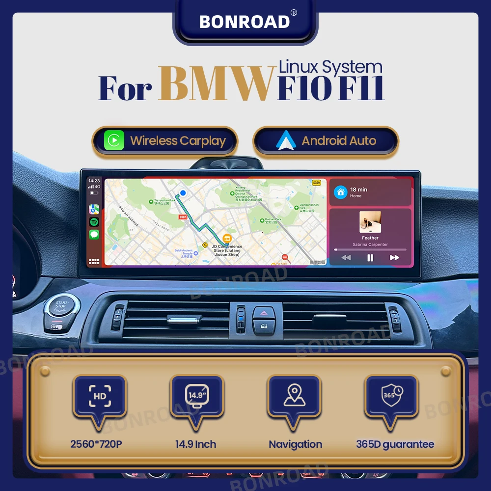 BONROAD 14.9 pouces lecteur multimédia Linux sans fil CarPlay autoradio pour BMW série 5 F10 F11 Android Auto écran tactile
