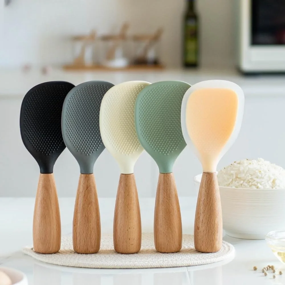 

Wooden Handle Silicone Rice Spoon, Food-Grade Premium Silicone & Wood, Heat-Resistant & Anti-Scald, Ideal for Home, Restaurants