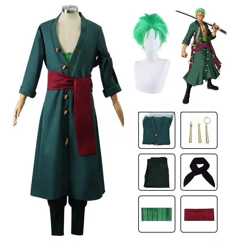 Anime Figuren Roronoa Zoro Cosplay Kostuum Uniform Groene Jas Broek Hoofddoek Roronoa Zoro Pruik Oorbellen Halloween Mannen Kleding - afbeelding 2
