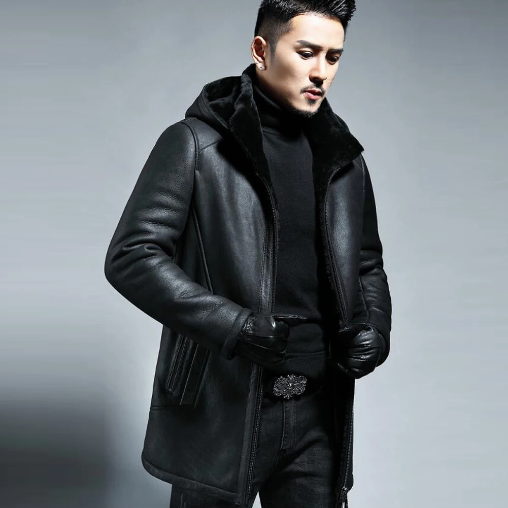 

Denny&Dora Men's Shearling Jacket - Black Mid-Length Flight Style Sheepskin Coat