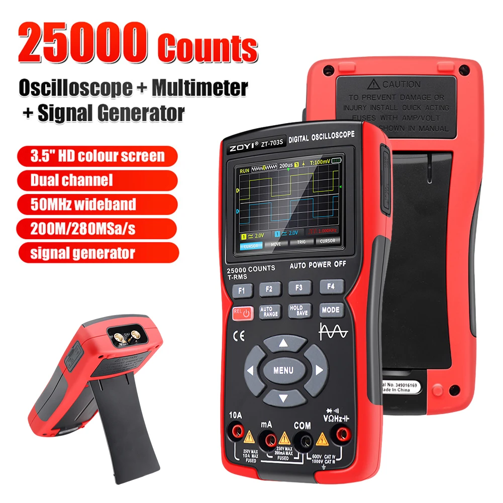 Oscilloscope Signal Generator 3in1 Digital Multimeter Dual Channel 50MHz Bandwidth 280MS Sampling Rate PC Waveform Data Storage