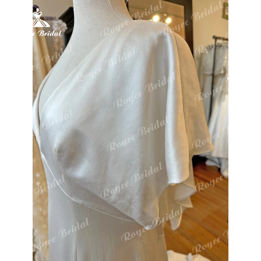 Simple Sexy V Neck Short Sleeve Open Back Button Satin Mermaid Wedding Dress For Women Bridal Gowns Sweep Vestidos De Novia Robe