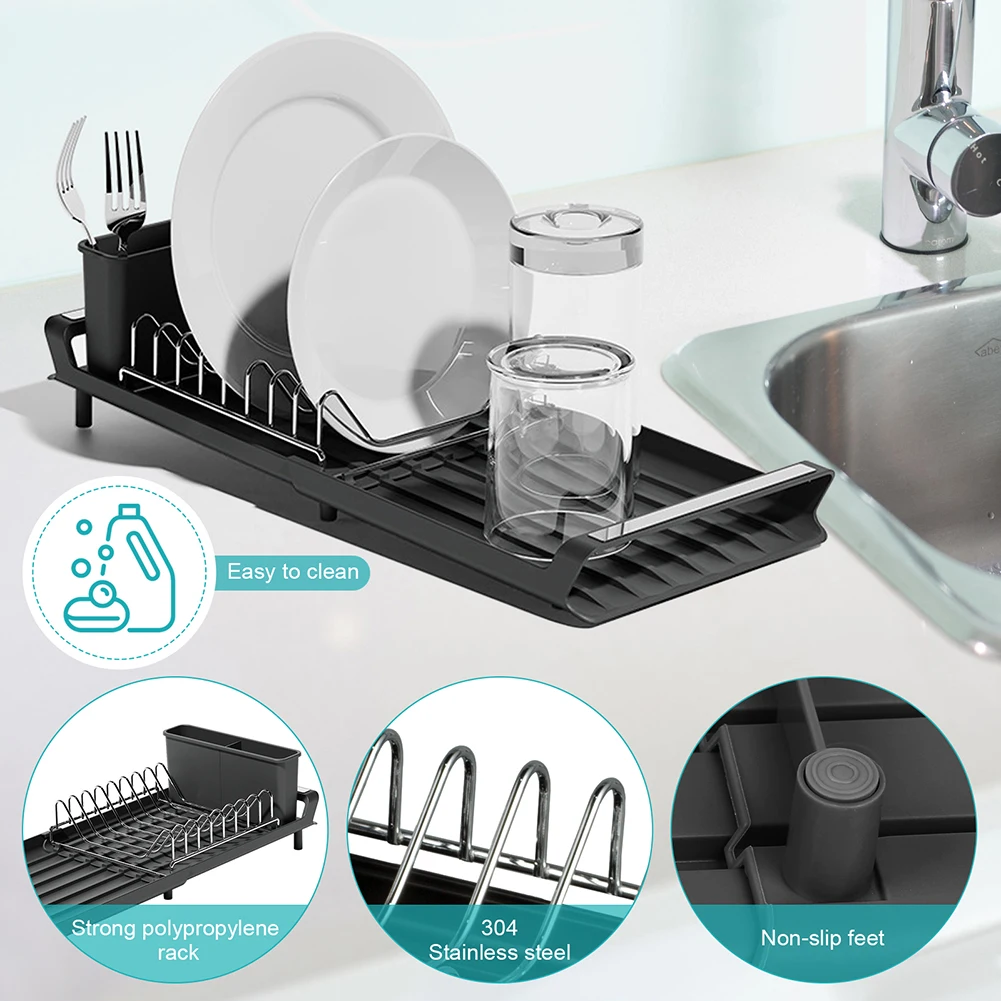 New Dish Drying Rack Extendable Dish Rack for Kitchen Countertop with Draining Tray Rustfree Rack Kitchen Storage Rack Tools